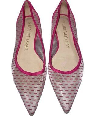 Stuart Weitzman Silver Mesh Pointed Flats with Pink Trim